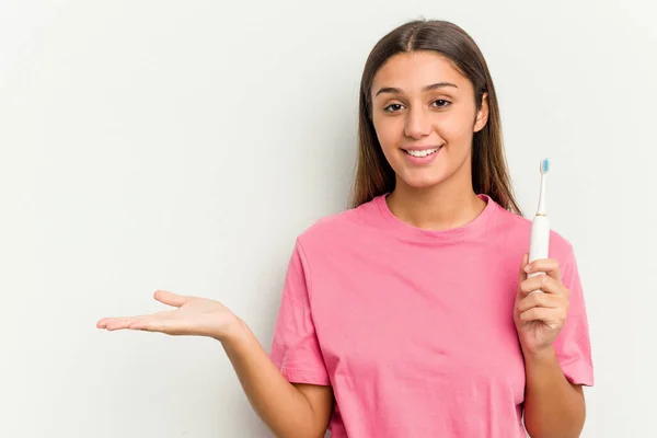 Young Indian Woman Brushing Teeth Isolated White Background Showing Copy — Stock Photo, Image