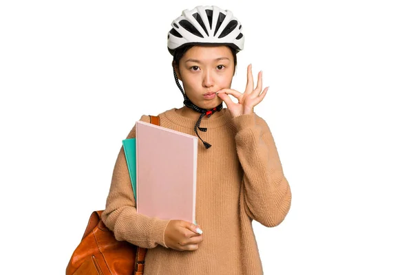 Young Student Asian Woman Wearing Bike Helmet Isolated Green Chroma — Stock Photo, Image