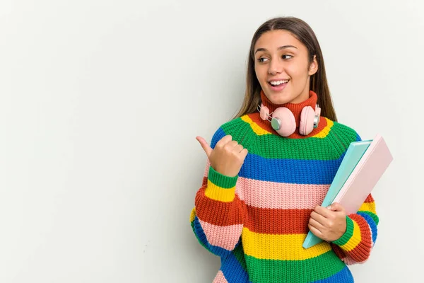 Ung Student Indisk Kvinna Isolerad Vita Bakgrundspunkter Med Tummen Fingret — Stockfoto