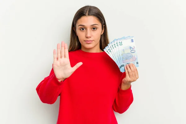 Young Indian Woman Holding Banknotes Isolated White Background Standing Outstretched — Stock Photo, Image