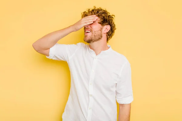 Young Caucasian Man Isolated Yellow Background Covers Eyes Hands Smiles — Stock Photo, Image