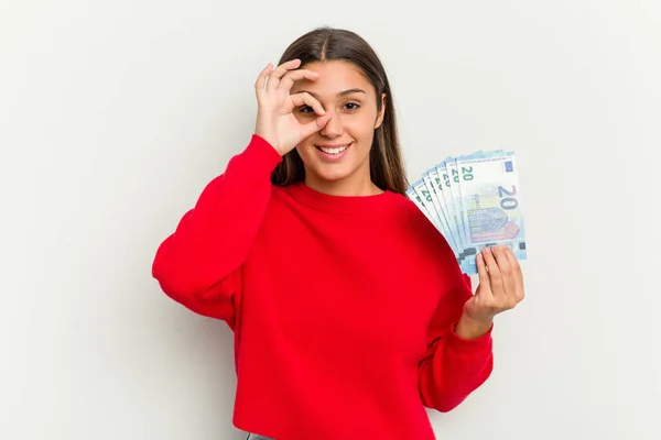 Young Indian Woman Holding Banknotes Isolated White Background Excited Keeping — Stock Photo, Image