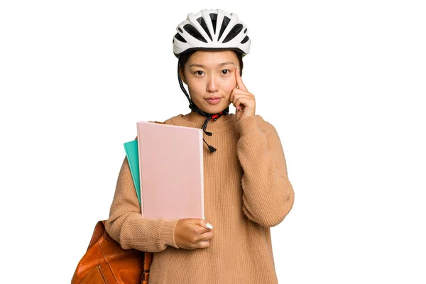 Jovem Estudante Ásia Mulher Vestindo Bicicleta Capacete Isolado Verde Croma — Fotografia de Stock