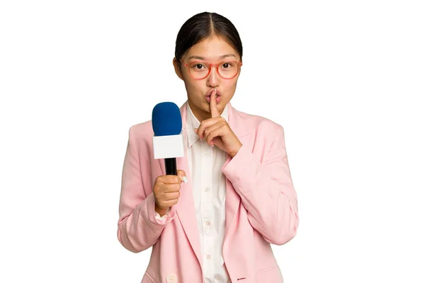 Young Asian Presenter Isolated Green Chroma Background Keeping Secret Asking — Stock Photo, Image