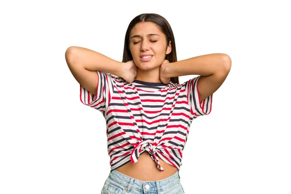 Young Indian Woman Isolated Cutout Removal Background Suffering Neck Pain — Stock Photo, Image