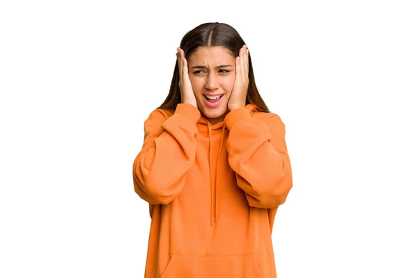 Young Indian Woman Isolated Cutout Removal Background Covering Ears Hands — Stock Photo, Image