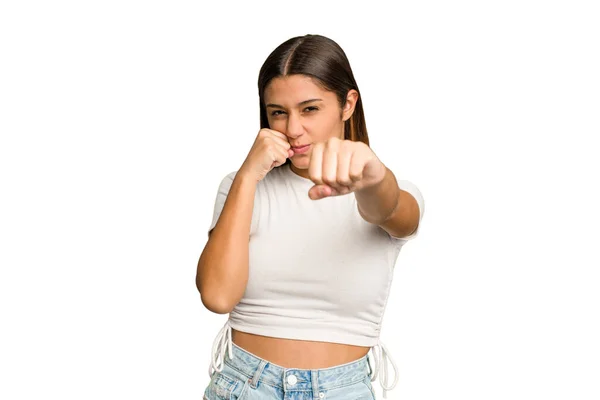 Young Indian Woman Isolated Cutout Removal Background Throwing Punch Anger — Stock Photo, Image