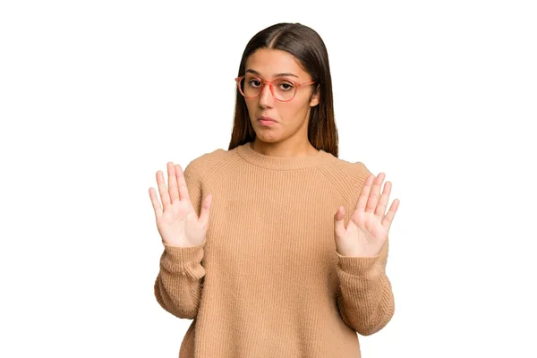 Young Indian Woman Isolated Cutout Removal Background Standing Outstretched Hand — Stock Photo, Image