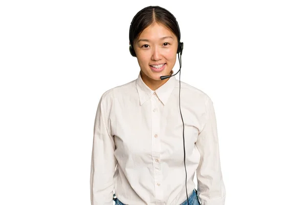 Telemarketer Asijské Žena Pracuje Sluchátka Izolované Zeleném Chroma Pozadí Šťastný — Stock fotografie