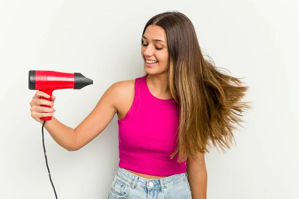 Young Indian Woman Holding Hairdryer Isolated White Background — Stock Photo, Image