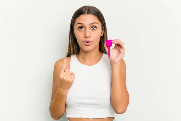 Young Woman Holding Menstrual Cup Isolated White Background Pointing Upside — Stock Photo, Image
