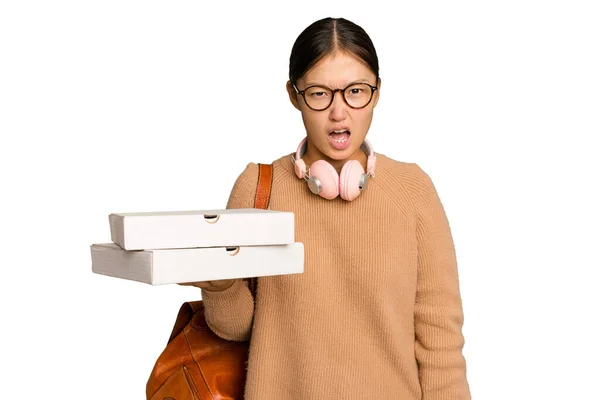 Jovem Estudante Ásia Mulher Segurando Pizzas Isolado Verde Cromo Fundo — Fotografia de Stock