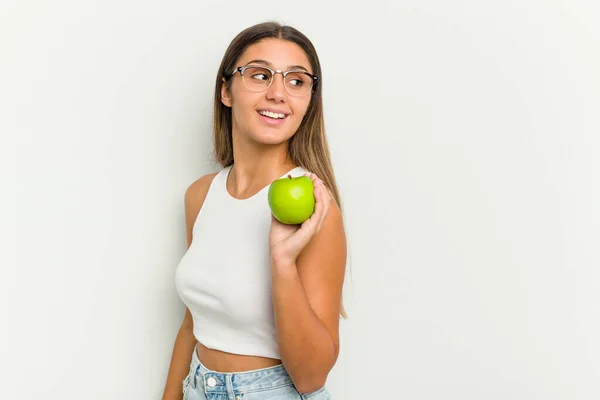 Young Indian Woman Holding Apple Isolated White Background Looks Aside — Stock Photo, Image