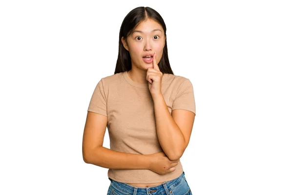 Young Asian Woman Isolated Green Chroma Background Looking Sideways Doubtful — Stock Photo, Image