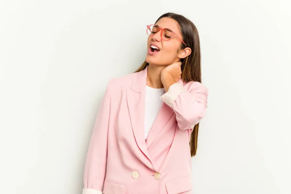 Jovem Indiana Isolada Fundo Branco Sofrendo Dor Pescoço Devido Sedentarismo — Fotografia de Stock