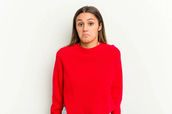 Young Indian Woman Isolated White Background Shrugs Shoulders Open Eyes — Stock Photo, Image