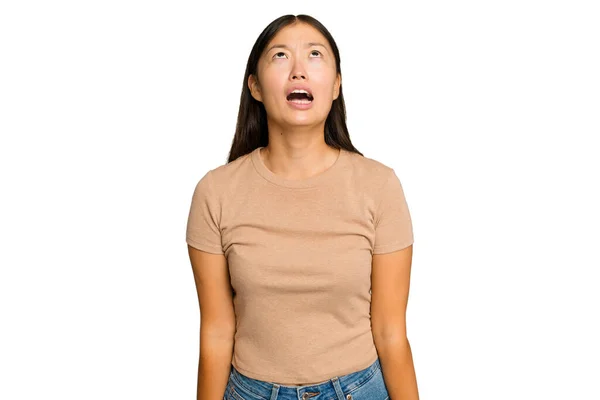 Jonge Aziatische Vrouw Geïsoleerd Groen Chroma Achtergrond Schreeuwen Zeer Boos — Stockfoto