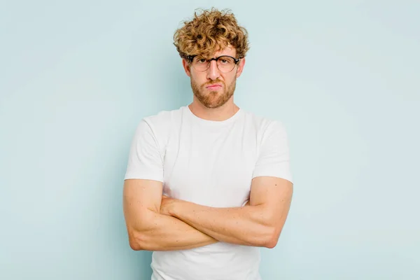 Young Caucasian Man Isolated Blue Background Frowning Face Displeasure Keeps — Stock Photo, Image