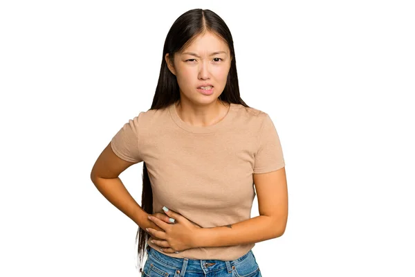 Jonge Aziatische Vrouw Geïsoleerd Groene Chroma Achtergrond Met Een Leverpijn — Stockfoto