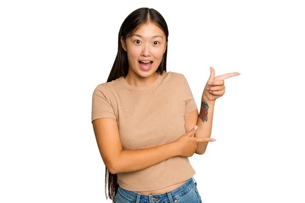 Young Asian Woman Isolated Green Chroma Background Excited Pointing Forefingers — Stock Photo, Image