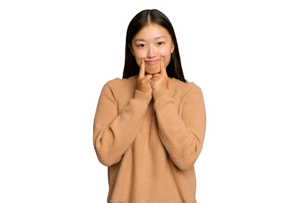 Ung Asiatisk Kvinna Isolerad Grön Krom Bakgrund Tvivlar Mellan Två — Stockfoto