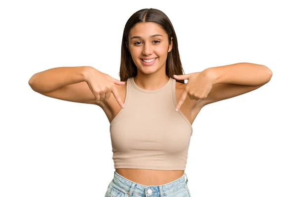 Young Indian Woman Isolated Cutout Removal Background Points Fingers Positive — Stock Photo, Image