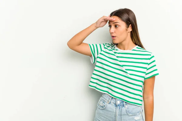 Young Indian Woman Isolated White Background Looking Far Away Keeping — Stock Photo, Image