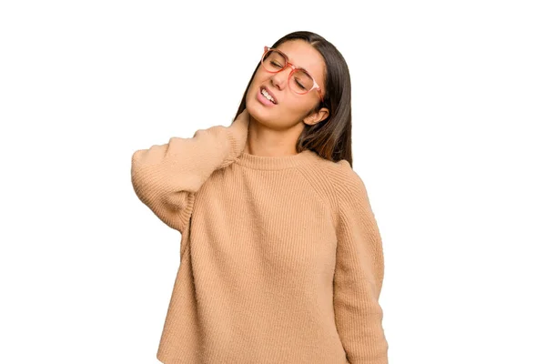 Young Indian Woman Isolated Cutout Removal Background Suffering Neck Pain — Stock Photo, Image
