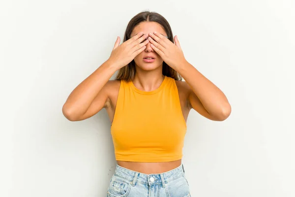 Young Indian Woman Isolated White Background Afraid Covering Eyes Hands — Stock Photo, Image