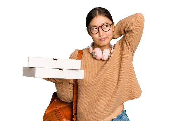 Junge Studentin Asiatische Frau Hält Pizzen Isoliert Auf Grünem Chrom — Stockfoto
