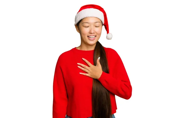 Young Asian Woman Celebrating Christmas Isolated Green Chroma Background Laughs — Stock Photo, Image