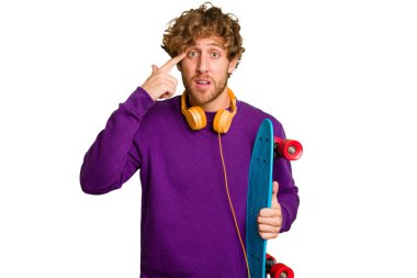 Young skater caucasian man isolated on white background showing a disappointment gesture with forefinger.