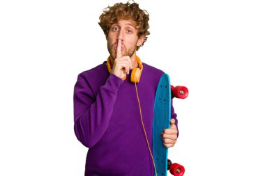 Young skater caucasian man isolated on white background keeping a secret or asking for silence.