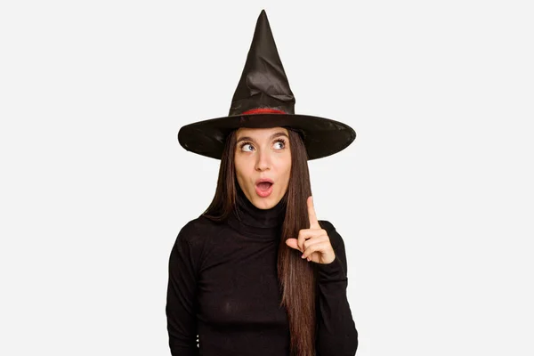 Mulher Caucasiana Jovem Vestida Como Uma Bruxa Para Dia Das — Fotografia de Stock