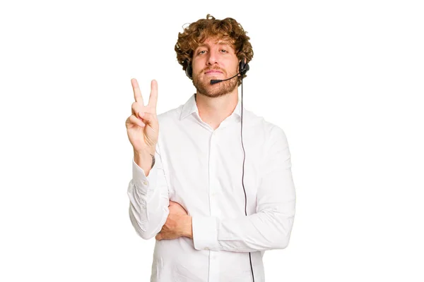 Hombre Telemarketer Trabajando Con Auricular Aislado Sobre Fondo Croma Verde — Foto de Stock