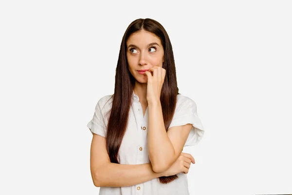 Young Caucasian Long Hair Woman Isolated Biting Fingernails Nervous Very — Stock Photo, Image