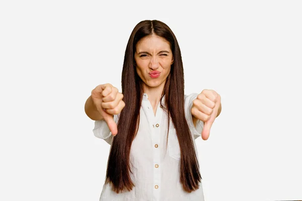 Young Caucasian Long Hair Woman Isolated Showing Thumb Expressing Dislike — Stock Photo, Image