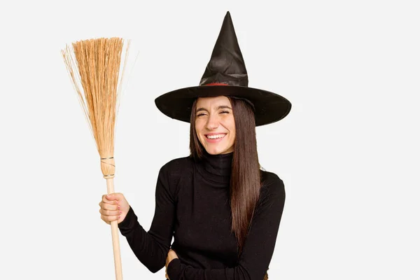 Young Caucasian Woman Dressed Witch Holding Broom Isolated Laughing Having — Stock Photo, Image