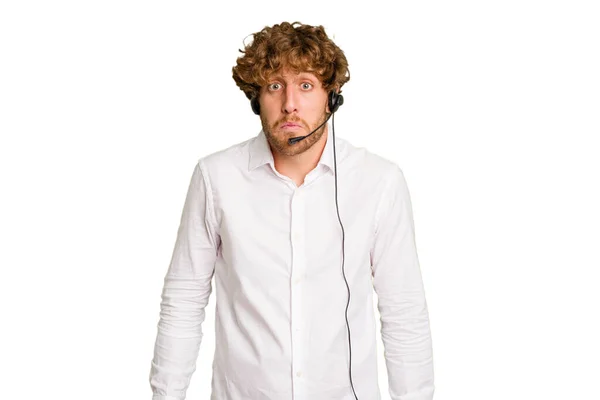 Telemarketer Man Working Headset Isolated Green Chroma Background Shrugs Shoulders — Stock Photo, Image