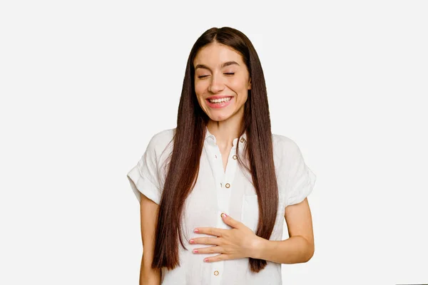 Young Caucasian Long Hair Woman Isolated Touches Tummy Smiles Gently — Stock Photo, Image