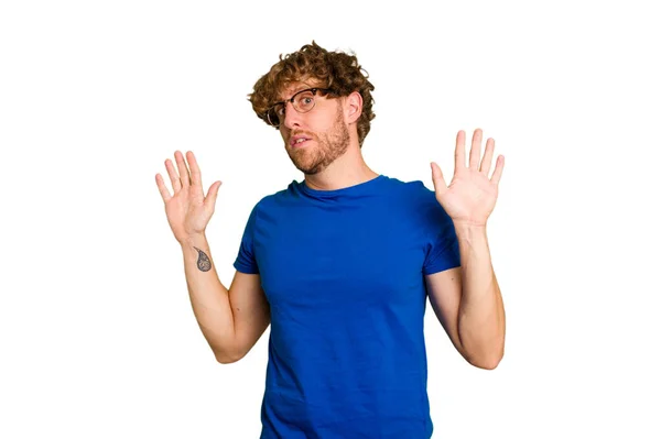 Young Caucasian Man Isolated Green Chroma Background Being Shocked Due — Stock Photo, Image