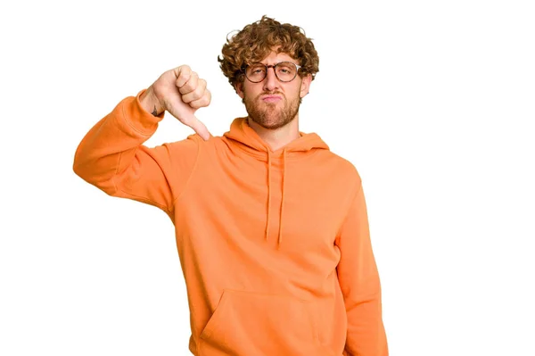 Young Caucasian Man Isolated Green Chroma Background Showing Thumb Expressing — Stock Photo, Image
