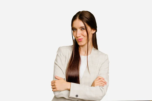 Young Caucasian Long Hair Woman Isolated Frowning Face Displeasure Keeps — Stock Photo, Image