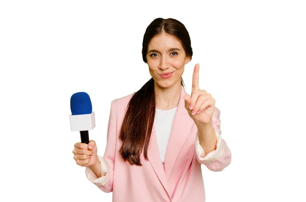 Young Presenter Caucasian Woman Isolated Showing Number One Finger — Stock Photo, Image