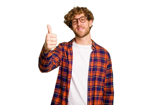 Young Caucasian Man Isolated Green Chroma Background Smiling Raising Thumb — Stock Photo, Image