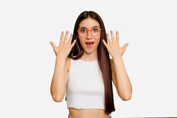 Молода Біла Довге Волосся Жінка Ізольована Показуючи Номер Десять Руками — стокове фото