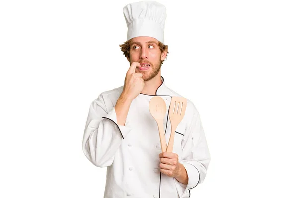 Young Cook Man Isolated White Background Relaxed Thinking Something Looking — Stock Photo, Image