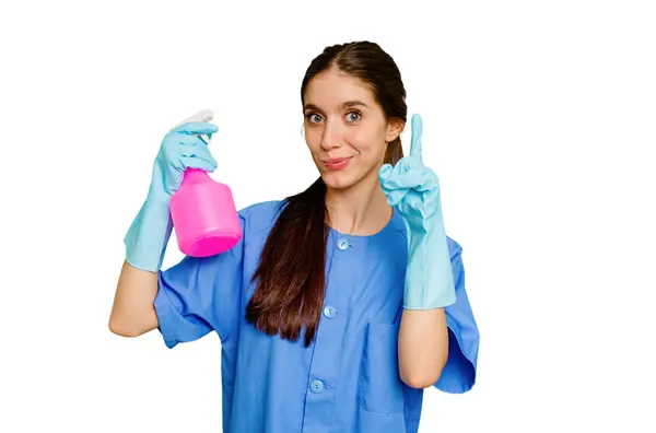 Young Cleaner Caucasian Woman Isolated Having Idea Inspiration Concept — Stock Photo, Image