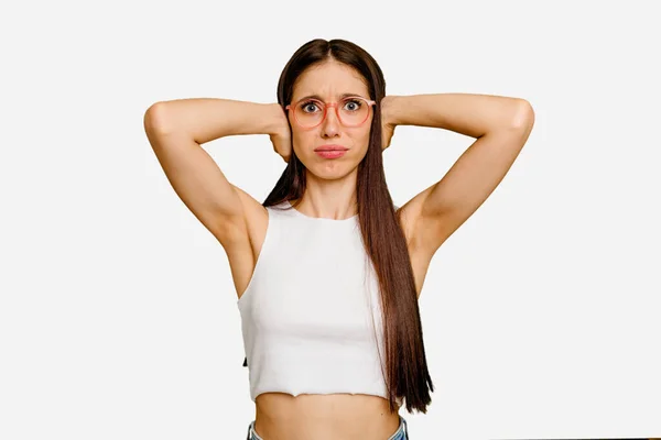 Jeune Femme Aux Cheveux Longs Caucasiens Isolé Criant Rage — Photo