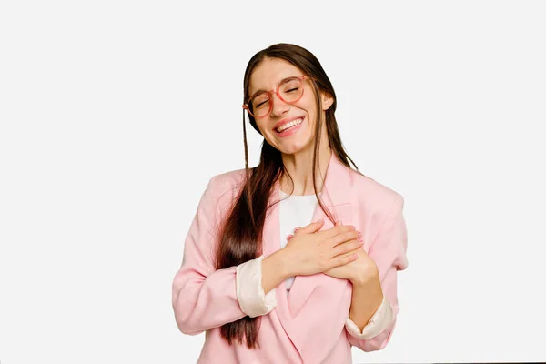 Jonge Kaukasische Lange Haar Vrouw Geïsoleerd Lachen Houden Handen Het — Stockfoto